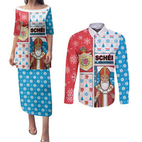Luxembourg Christmas Couples Matching Puletasi and Long Sleeve Button Shirt Kleeschen With Xmas Patterns - Wonder Print Shop