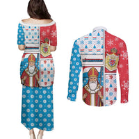 Luxembourg Christmas Couples Matching Puletasi and Long Sleeve Button Shirt Kleeschen With Xmas Patterns - Wonder Print Shop