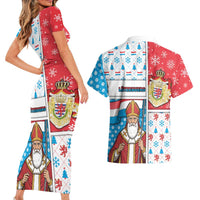 Luxembourg Christmas Couples Matching Short Sleeve Bodycon Dress and Hawaiian Shirt Kleeschen With Xmas Patterns - Wonder Print Shop