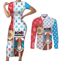 Luxembourg Christmas Couples Matching Short Sleeve Bodycon Dress and Long Sleeve Button Shirt Kleeschen With Xmas Patterns - Wonder Print Shop