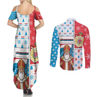 Luxembourg Christmas Couples Matching Summer Maxi Dress and Long Sleeve Button Shirt Kleeschen With Xmas Patterns - Wonder Print Shop