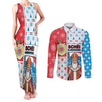 Luxembourg Christmas Couples Matching Tank Maxi Dress and Long Sleeve Button Shirt Kleeschen With Xmas Patterns - Wonder Print Shop