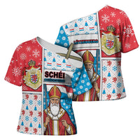Luxembourg Christmas Cross Shoulder Shirt Kleeschen With Xmas Patterns - Wonder Print Shop