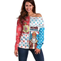Luxembourg Christmas Off Shoulder Sweater Kleeschen With Xmas Patterns - Wonder Print Shop