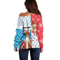 Luxembourg Christmas Off Shoulder Sweater Kleeschen With Xmas Patterns - Wonder Print Shop