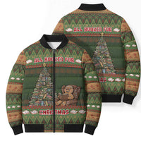 Book Lovers Christmas Bomber Puffer Jacket Gingerbread With Xmas Book Tree - Wonder Print Shop