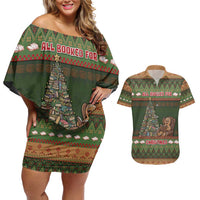 Book Lovers Christmas Couples Matching Off Shoulder Short Dress and Hawaiian Shirt Gingerbread With Xmas Book Tree - Wonder Print Shop