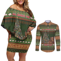 Book Lovers Christmas Couples Matching Off Shoulder Short Dress and Long Sleeve Button Shirt Gingerbread With Xmas Book Tree - Wonder Print Shop