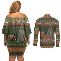 Book Lovers Christmas Couples Matching Off Shoulder Short Dress and Long Sleeve Button Shirt Gingerbread With Xmas Book Tree - Wonder Print Shop