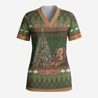 Book Lovers Christmas Scrub Top Gingerbread With Xmas Book Tree - Wonder Print Shop