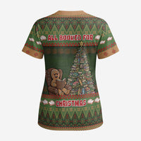 Book Lovers Christmas Scrub Top Gingerbread With Xmas Book Tree - Wonder Print Shop