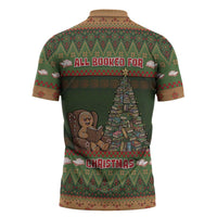 Book Lovers Christmas Zipper Polo Shirt Gingerbread With Xmas Book Tree - Wonder Print Shop
