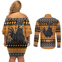 Chicken Christmas Couples Matching Off Shoulder Short Dress and Long Sleeve Button Shirt F Caw F - Wonder Print Shop