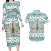 Dragonfly Christmas Couples Matching Long Sleeve Bodycon Dress and Hawaiian Shirt Frosty Minty Xmas Tree - Wonder Print Shop