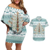 Dragonfly Christmas Couples Matching Off Shoulder Short Dress and Hawaiian Shirt Frosty Minty Xmas Tree - Wonder Print Shop