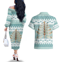 Dragonfly Christmas Couples Matching Off The Shoulder Long Sleeve Dress and Hawaiian Shirt Frosty Minty Xmas Tree - Wonder Print Shop
