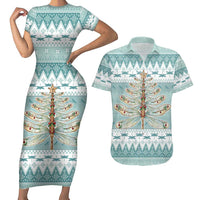 Dragonfly Christmas Couples Matching Short Sleeve Bodycon Dress and Hawaiian Shirt Frosty Minty Xmas Tree - Wonder Print Shop
