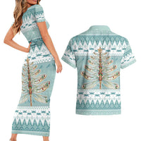 Dragonfly Christmas Couples Matching Short Sleeve Bodycon Dress and Hawaiian Shirt Frosty Minty Xmas Tree - Wonder Print Shop