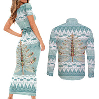 Dragonfly Christmas Couples Matching Short Sleeve Bodycon Dress and Long Sleeve Button Shirt Frosty Minty Xmas Tree - Wonder Print Shop