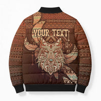 Personalized Wolf Native American Bomber Puffer Jacket Tribal Geometric Earth Tone