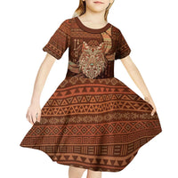 Personalized Wolf Native American Kid Short Sleeve Dress Tribal Geometric Earth Tone