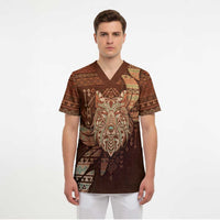 Personalized Wolf Native American Scrub Top Tribal Geometric Earth Tone