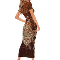 Personalized Wolf Native American Short Sleeve Bodycon Dress Tribal Geometric Earth Tone