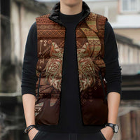 Personalized Wolf Native American Sleeveless Puffer Jacket Tribal Geometric Earth Tone