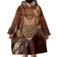 Personalized Wolf Native American Wearable Blanket Hoodie Tribal Geometric Earth Tone
