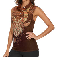 Personalized Wolf Native American Women Sleeveless Polo Shirt Tribal Geometric Earth Tone