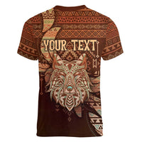 Personalized Wolf Native American Women V-Neck T-Shirt Tribal Geometric Earth Tone