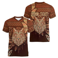Personalized Wolf Native American Women V-Neck T-Shirt Tribal Geometric Earth Tone