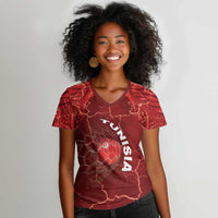 Custom Tunisia Football Women V-Neck T-Shirt Eagle Cracked Texture Athletic