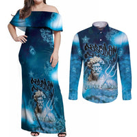Poseidon Couples Matching Off Shoulder Maxi Dress and Long Sleeve Button Shirt God Of The Sea - Wonder Print Shop