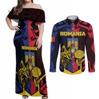 Personalized Romania Couples Matching Off Shoulder Maxi Dress and Long Sleeve Button Shirt The Eurasian Lynx With The Peony - Wonder Print Shop