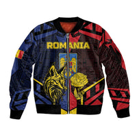 Personalized Romania Sleeve Zip Bomber Jacket The Eurasian Lynx With The Peony - Wonder Print Shop