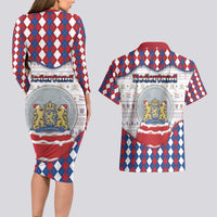 Netherlands Christmas Couples Matching Long Sleeve Bodycon Dress and Hawaiian Shirt Lion Symbol In Snow Globe - Wonder Print Shop