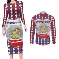 Netherlands Christmas Couples Matching Long Sleeve Bodycon Dress and Long Sleeve Button Shirt Lion Symbol In Snow Globe - Wonder Print Shop
