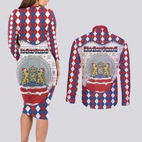 Netherlands Christmas Couples Matching Long Sleeve Bodycon Dress and Long Sleeve Button Shirt Lion Symbol In Snow Globe - Wonder Print Shop