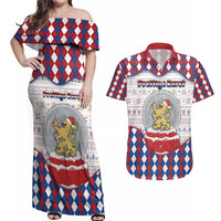 Netherlands Christmas Couples Matching Off Shoulder Maxi Dress and Hawaiian Shirt Lion Symbol In Snow Globe - Wonder Print Shop