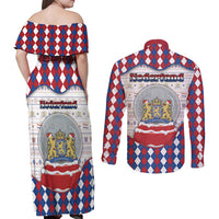 Netherlands Christmas Couples Matching Off Shoulder Maxi Dress and Long Sleeve Button Shirt Lion Symbol In Snow Globe - Wonder Print Shop