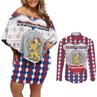 Netherlands Christmas Couples Matching Off Shoulder Short Dress and Long Sleeve Button Shirt Lion Symbol In Snow Globe - Wonder Print Shop