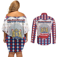 Netherlands Christmas Couples Matching Off Shoulder Short Dress and Long Sleeve Button Shirt Lion Symbol In Snow Globe - Wonder Print Shop