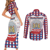 Netherlands Christmas Couples Matching Short Sleeve Bodycon Dress and Long Sleeve Button Shirt Lion Symbol In Snow Globe - Wonder Print Shop