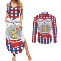 Netherlands Christmas Couples Matching Summer Maxi Dress and Long Sleeve Button Shirt Lion Symbol In Snow Globe - Wonder Print Shop