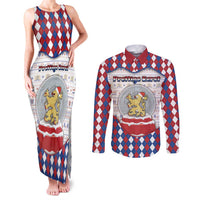 Netherlands Christmas Couples Matching Tank Maxi Dress and Long Sleeve Button Shirt Lion Symbol In Snow Globe - Wonder Print Shop