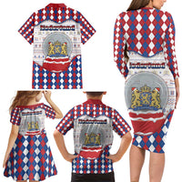 Netherlands Christmas Family Matching Long Sleeve Bodycon Dress and Hawaiian Shirt Lion Symbol In Snow Globe - Wonder Print Shop