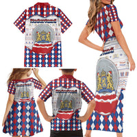 Netherlands Christmas Family Matching Short Sleeve Bodycon Dress and Hawaiian Shirt Lion Symbol In Snow Globe - Wonder Print Shop