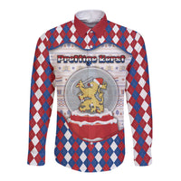 Netherlands Christmas Long Sleeve Button Shirt Lion Symbol In Snow Globe - Wonder Print Shop