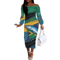 Personalized Afro-Jamaicans Fishing Off The Shoulder Long Sleeve Dress Blue Marlin Fish